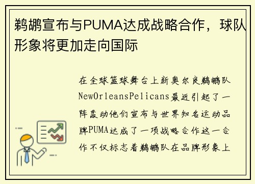 鹈鹕宣布与PUMA达成战略合作，球队形象将更加走向国际