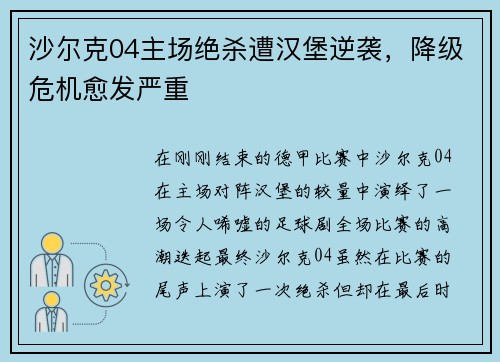 沙尔克04主场绝杀遭汉堡逆袭，降级危机愈发严重